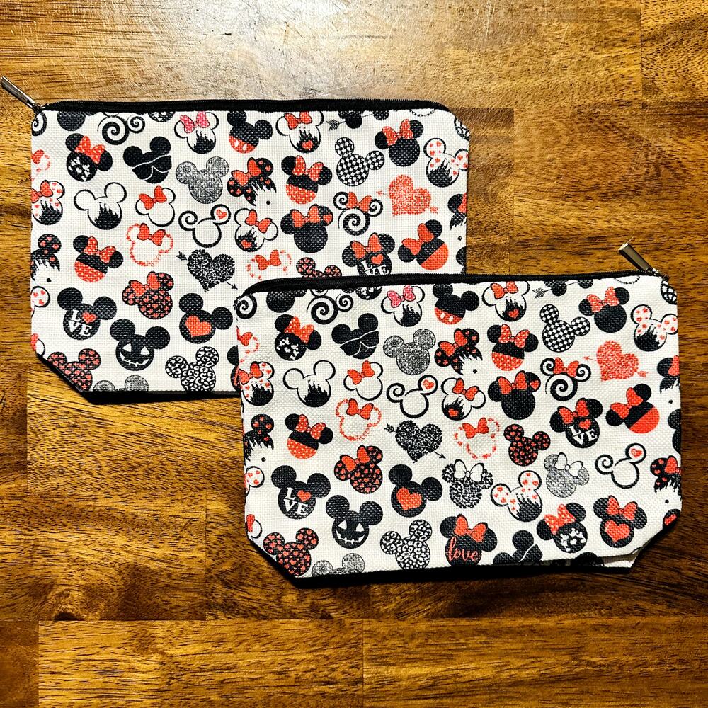 Disney 2pk Makeup Bag Pencil Case Minnie Mickey Mouse 8" Zipper White Red Black